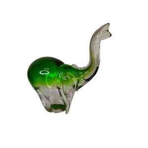 Art Glass Trunk Up Glass Elephant Figurine, Good Luck, Clear and Green, 8"